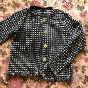 Ann Taylor Black and White Tweed Cardigan Jacket with Gold Buttons
